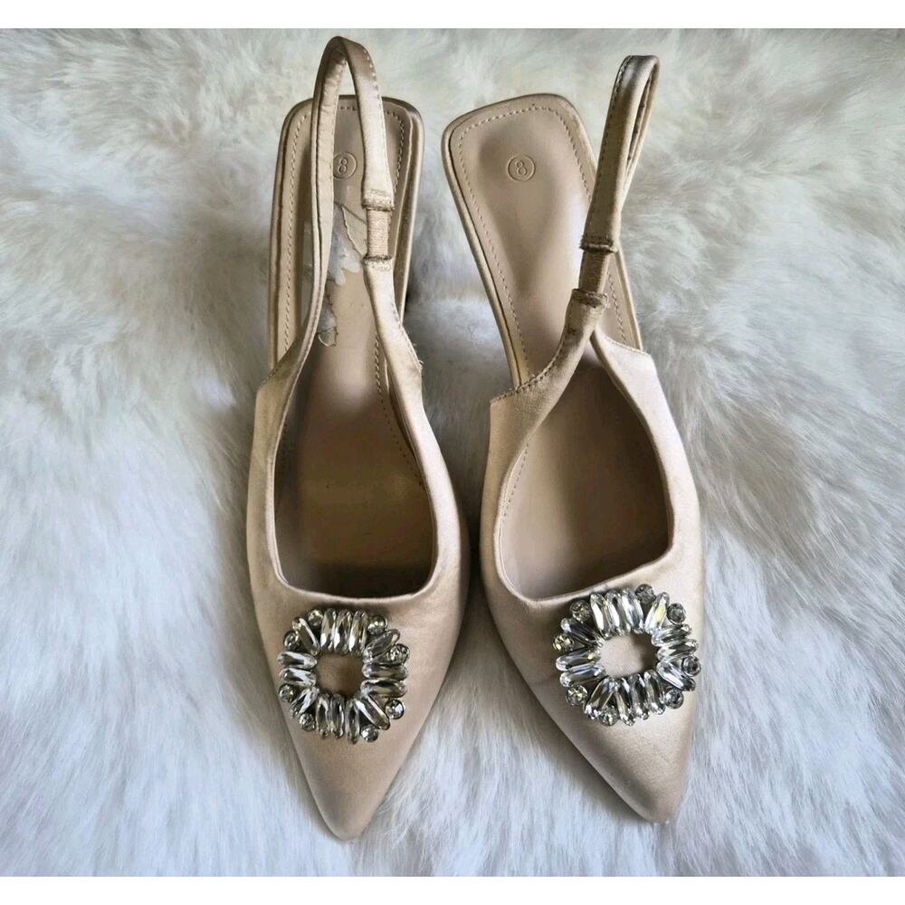 Size 8 Zara Women’s Kitten Heel Elegant Satin Jeweled Formal Sling Back Shoes